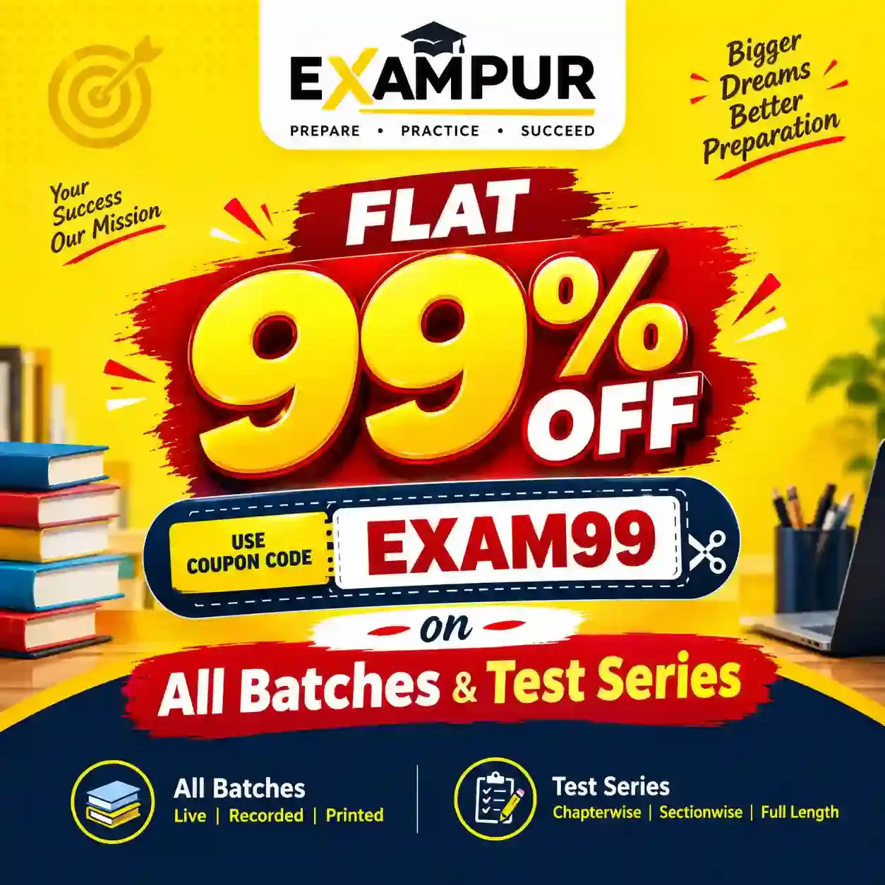 Exampur coupon code EXAM99 today offering flat 99% discount on all batches and test series.